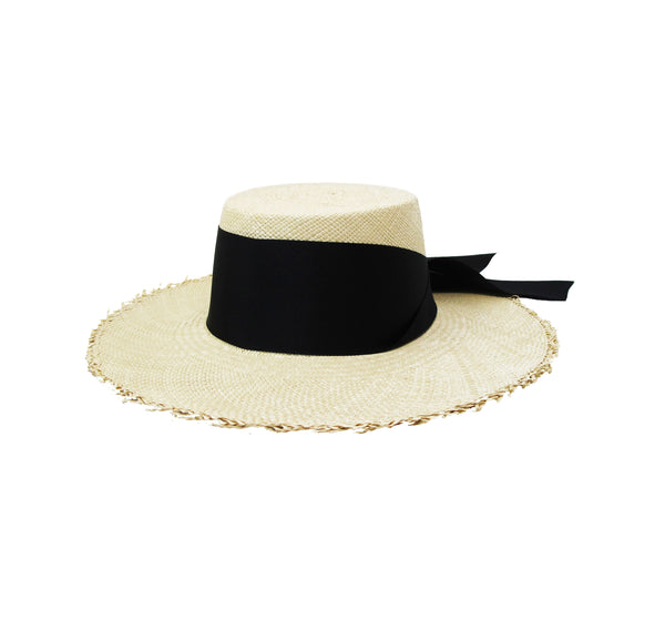 FRAYED LONG BRIM CORDOVAN HAT WITH MAXI BOW