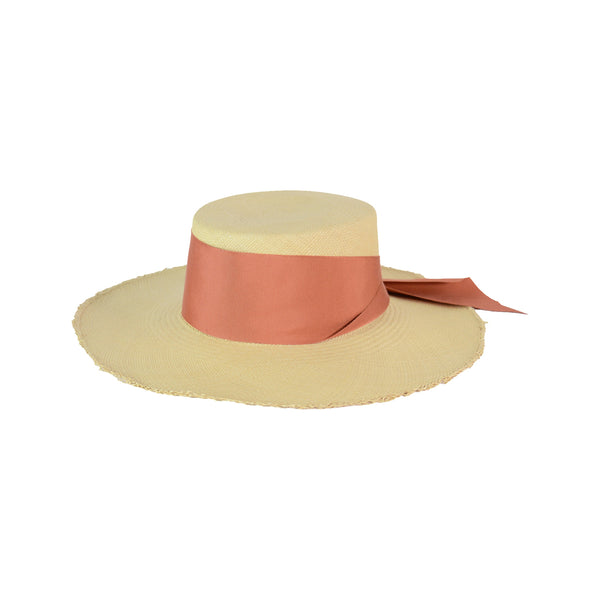 FRAYED LONG BRIM CORDOVAN HAT WITH MAXI BOW